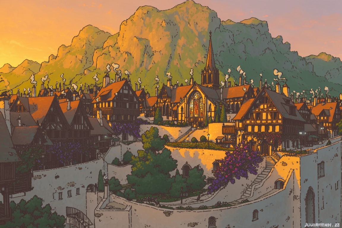 A breathtaking,  hand-drawn illustration captures a panoramic view of a tiered city nestled against a massive mountain ran...