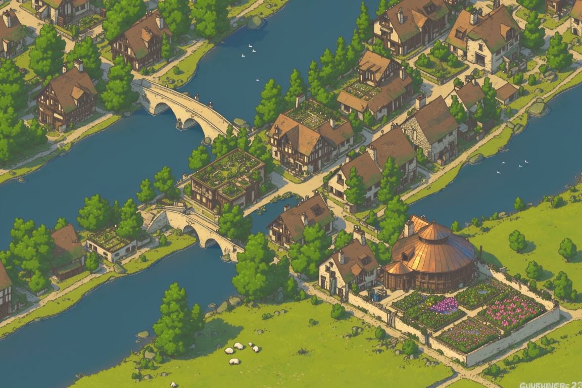 A charming,  isometric-style illustration shows a peaceful city layout built along the banks of a winding,  deep blue rive...