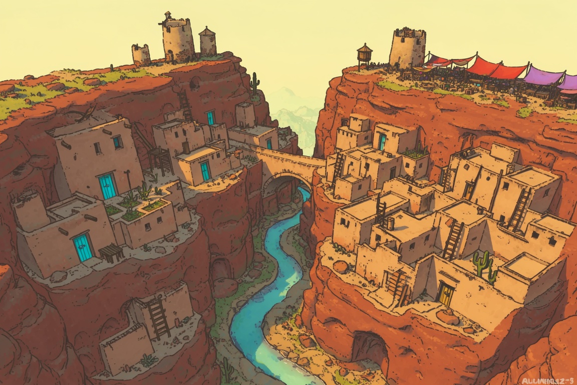 A stunning,  bird's-eye view illustration depicts an ancient city carved directly into the floors and walls of a deep,  wi...