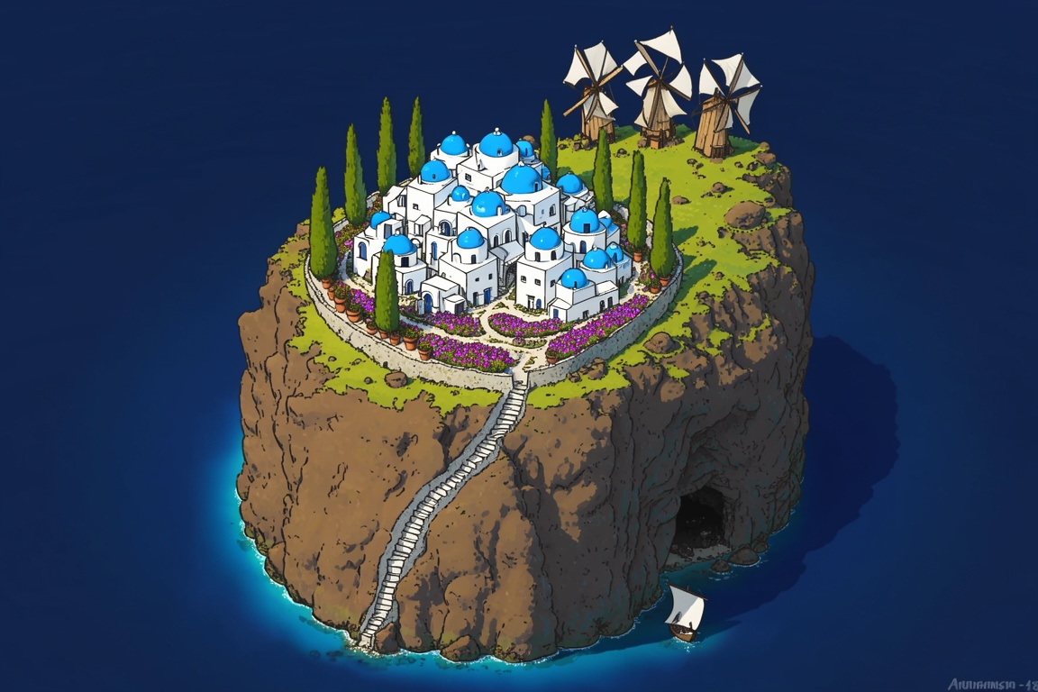 A breathtaking illustration bird’s-eye view depicts a tiny,  circular village perched on the very peak of a volcanic islan...