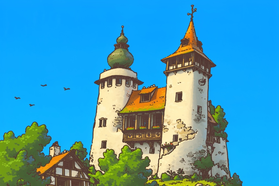 A vibrant,  hand-drawn illustration depicts a whimsical castle or large building under a clear blue sky. The main structur...