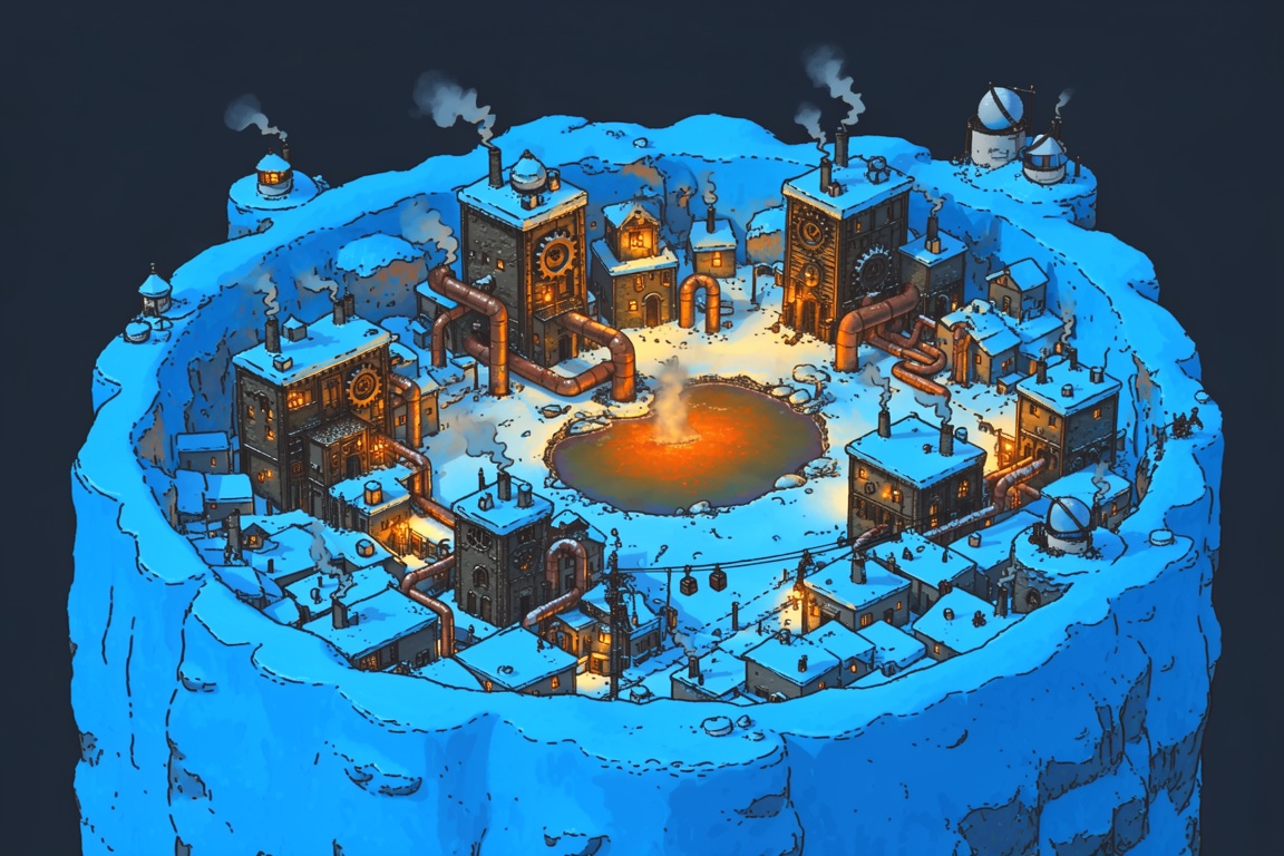 A charming,  isometric map-style illustration portrays a city nestled inside a massive,  snow-covered volcanic crater. Des...