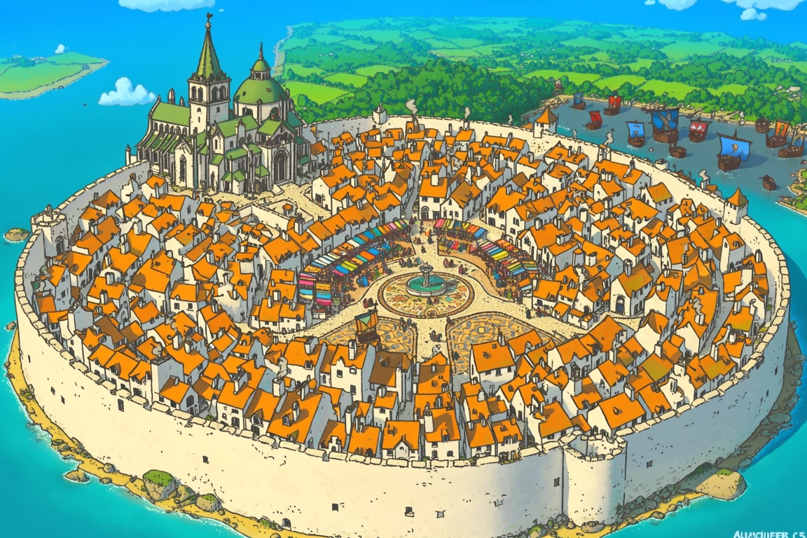 A vibrant,  bird's-eye view illustration depicts a bustling medieval-style city nestled within a circular stone wall along...