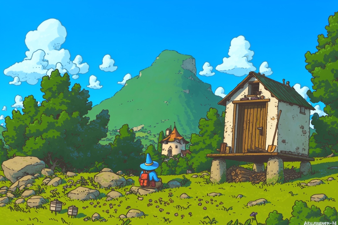A vibrant,  cartoon-style illustration portrays a peaceful rural landscape under a bright blue sky adorned with puffy whit...