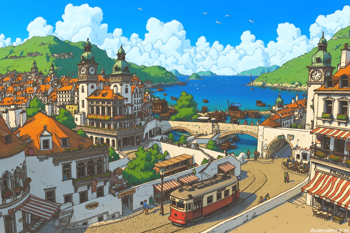 An expansive and detailed illustration depicts a vibrant,  bustling city built into a series of rolling green hills overlo...