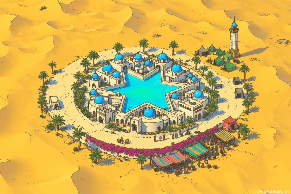 An intricate,  bird's-eye view illustration showcases a sprawling oasis city nestled within a vast,  undulating desert of...
