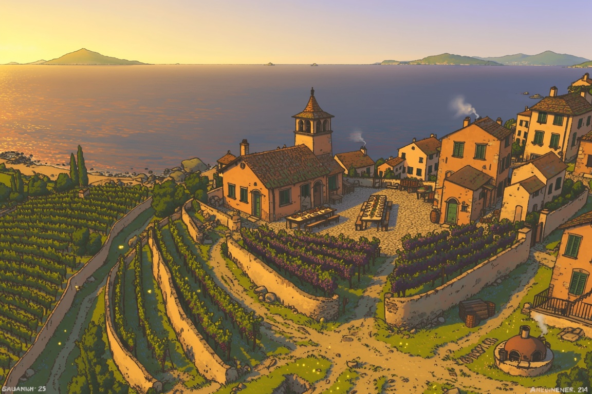 A stunning,  elevated-angle illustration portrays a small,  rustic village nestled within a series of steep on Tensor.Art