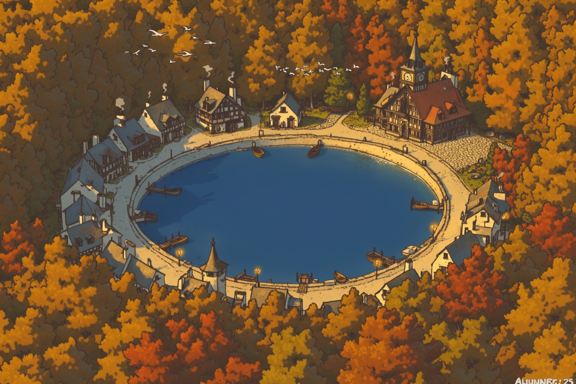 A charming,  elevated-angle illustration depicts a circular city layout surrounding a perfectly still,  deep blue lake in...