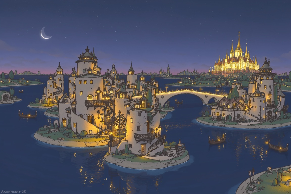An enchanting nocturnal illustration portrays a sprawling city built entirely upon a cluster of islands,  connected by a n...