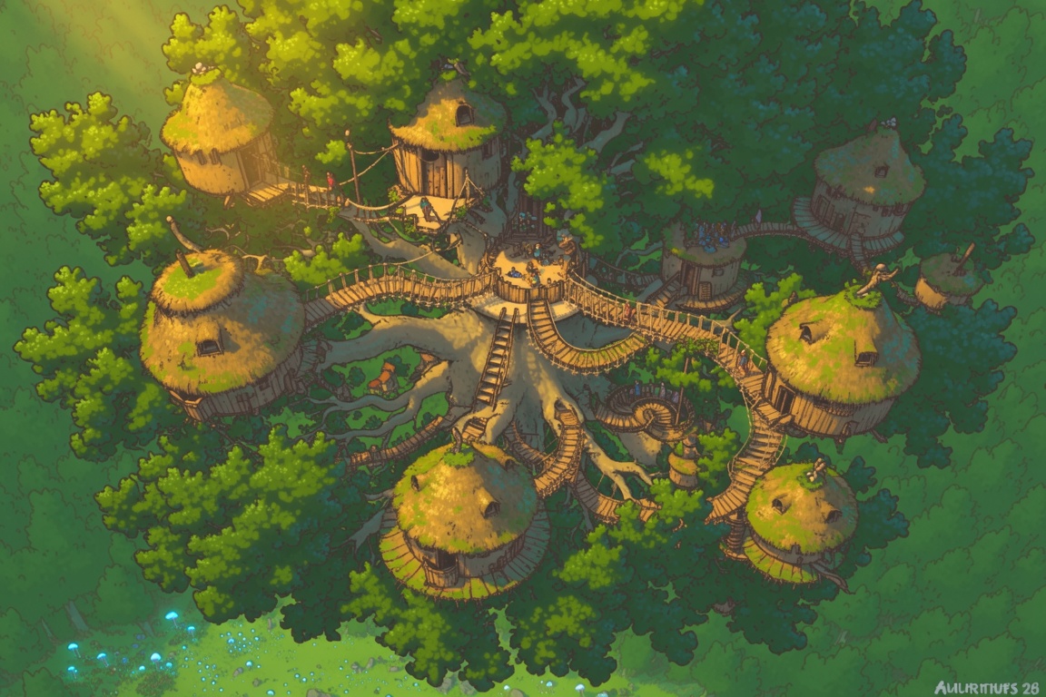 An enchanting,  top-down illustrative map shows a sprawling village built entirely within the branches of a cluster of gar...