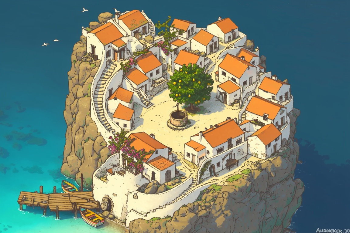 A charming,  bird's-eye view illustration of a tiny fishing village clinging to a steep,  rocky cliffside. The village lay...