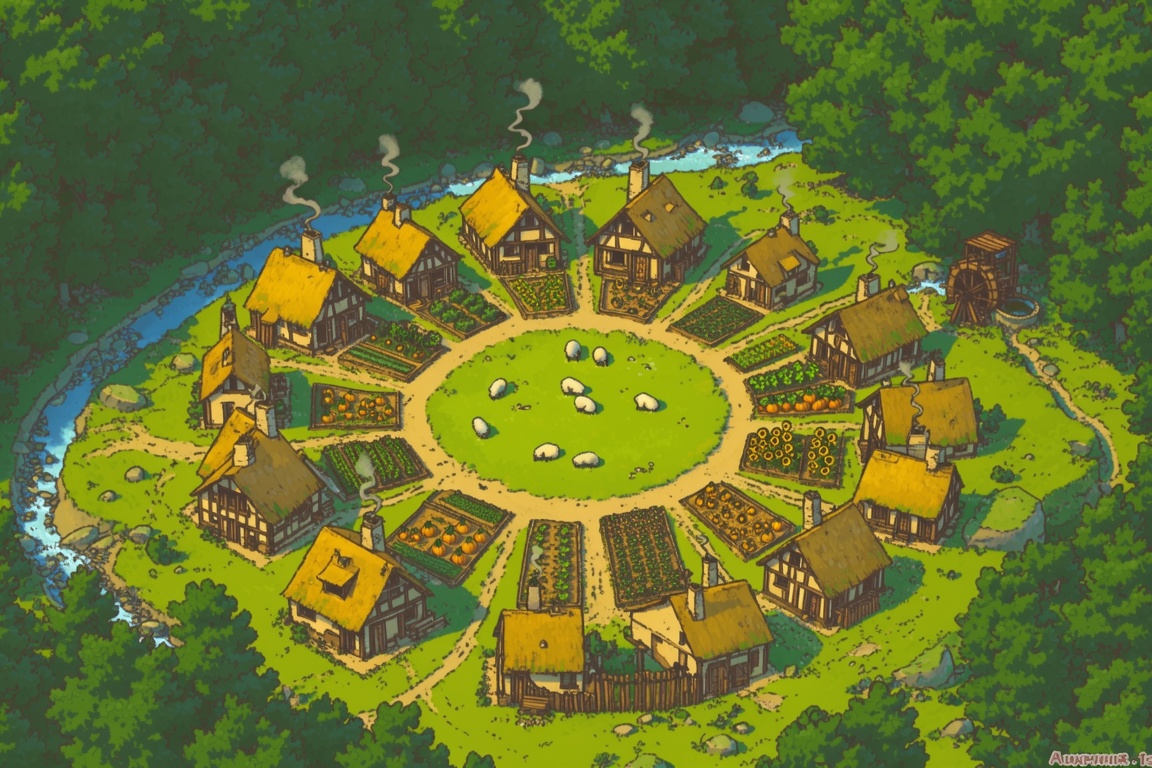 A vibrant,  top-down illustrative map shows a rustic village nestled in a lush,  green valley. The village is arranged in...