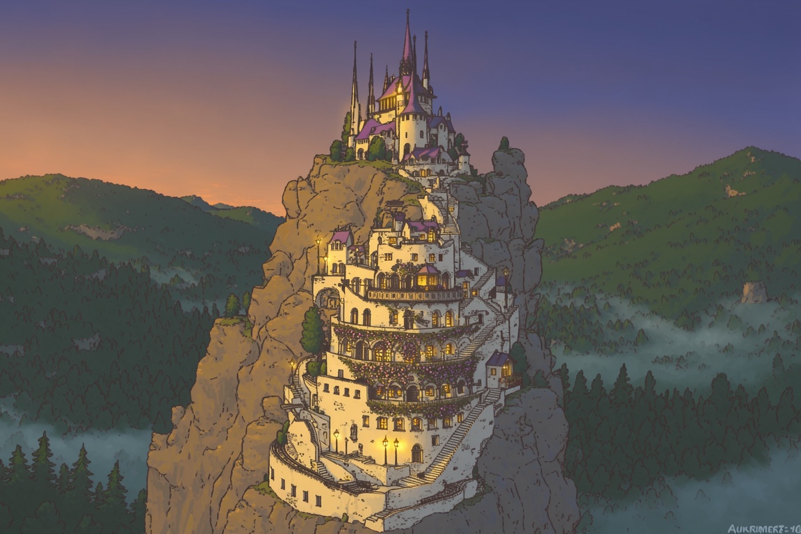 An enchanting,  top-down illustrative map depicts a city built onto the tiers of a steep,  rocky mountain. The city layout...