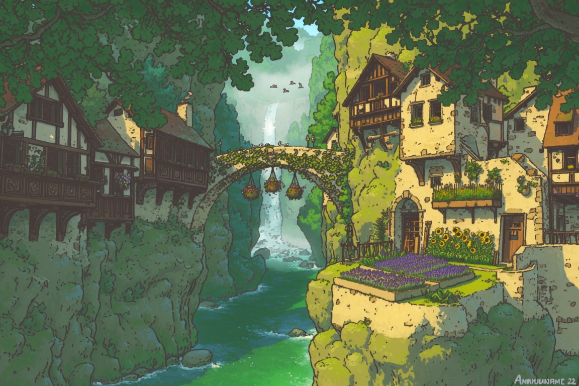 A vibrant,  elevated illustration shows a village built into the mossy limestone walls of a narrow river gorge. The houses...