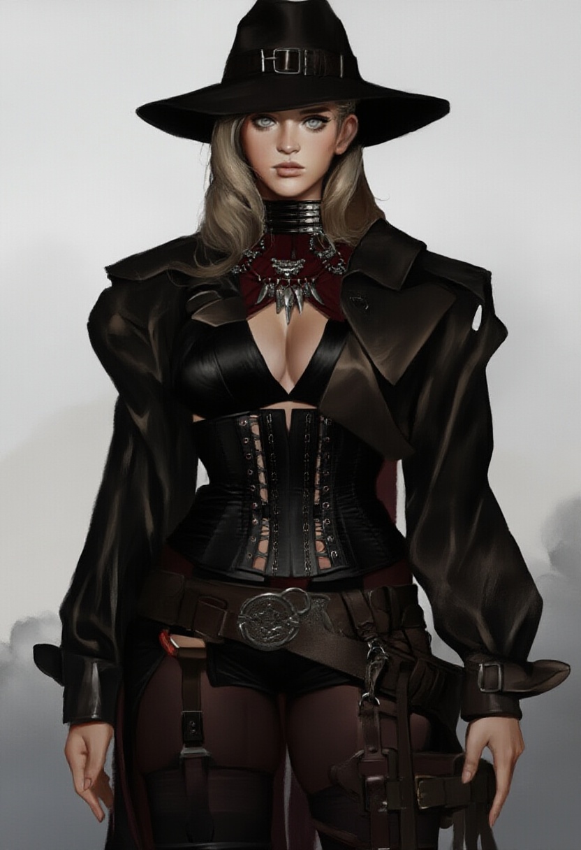 A digital illustration of a confident,  fair-skinned woman in a black hat and leather outfit,  with a corset and thigh-hig...