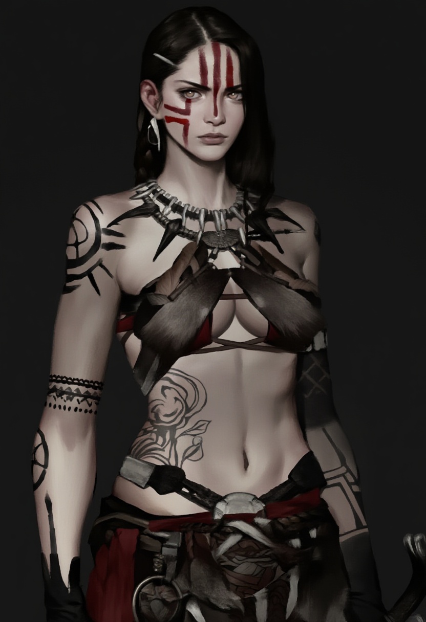 a fierce,  tattooed woman with a stern expression,  wearing tribal attire and adorned with red war paint. on Tensor.Art
