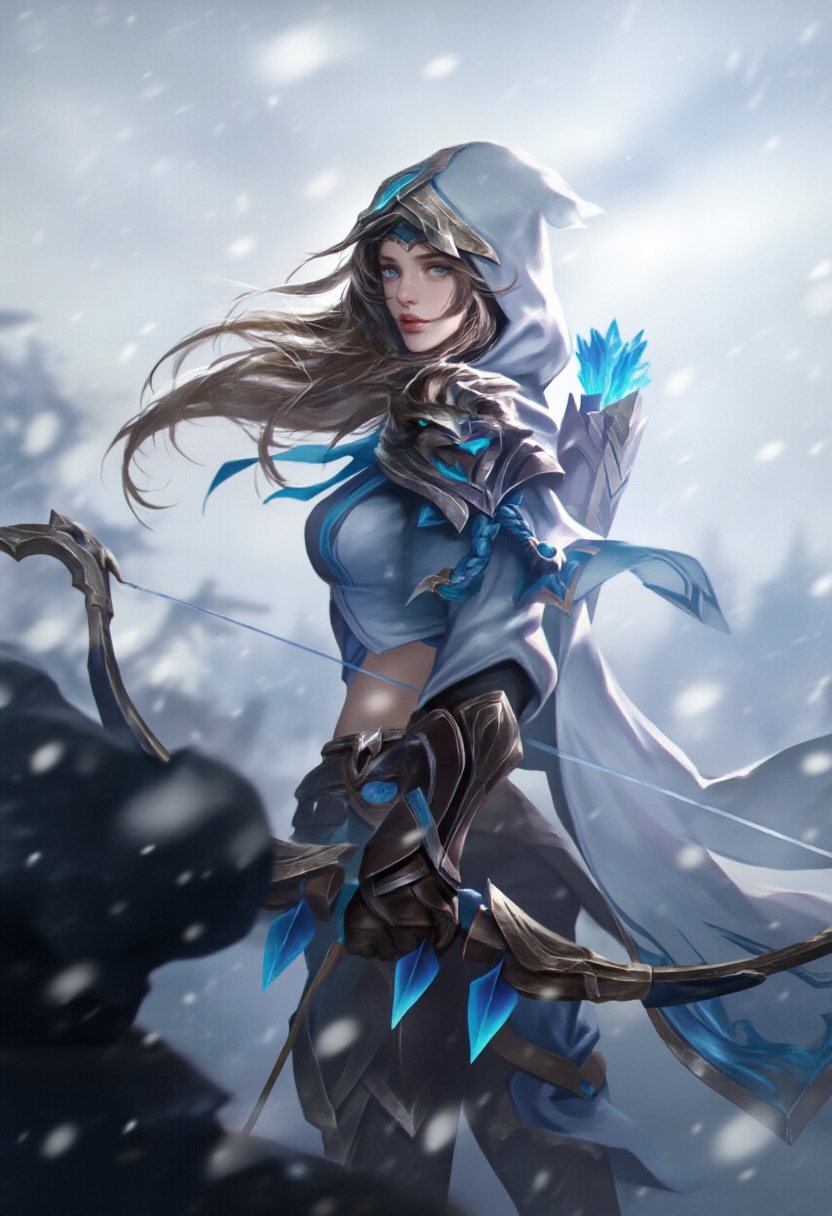 Digital fantasy artwork featuring a female archer in a snowfall. She has long,  flowing brown hair,  and wields a bow. wit...
