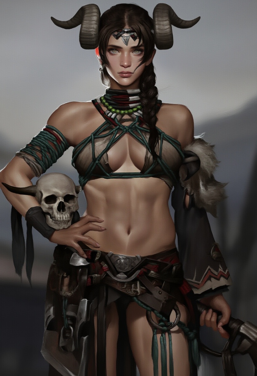 A detailed digital illustration of a muscular,  fair-skinned,  dark-haired woman with ram horns on Tensor.Art
