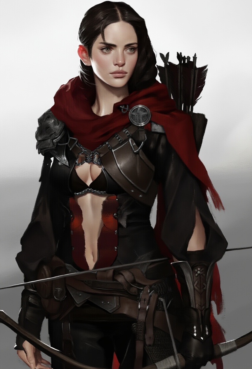 A digital artwork featuring a serious,  pale-skinned woman with dark hair,  dressed in medieval attire with a red cape and...