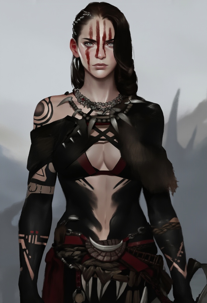 A digital art piece depicting a fierce,  tattooed woman with a stern expression,  wearing tribal attire and adorned with r...