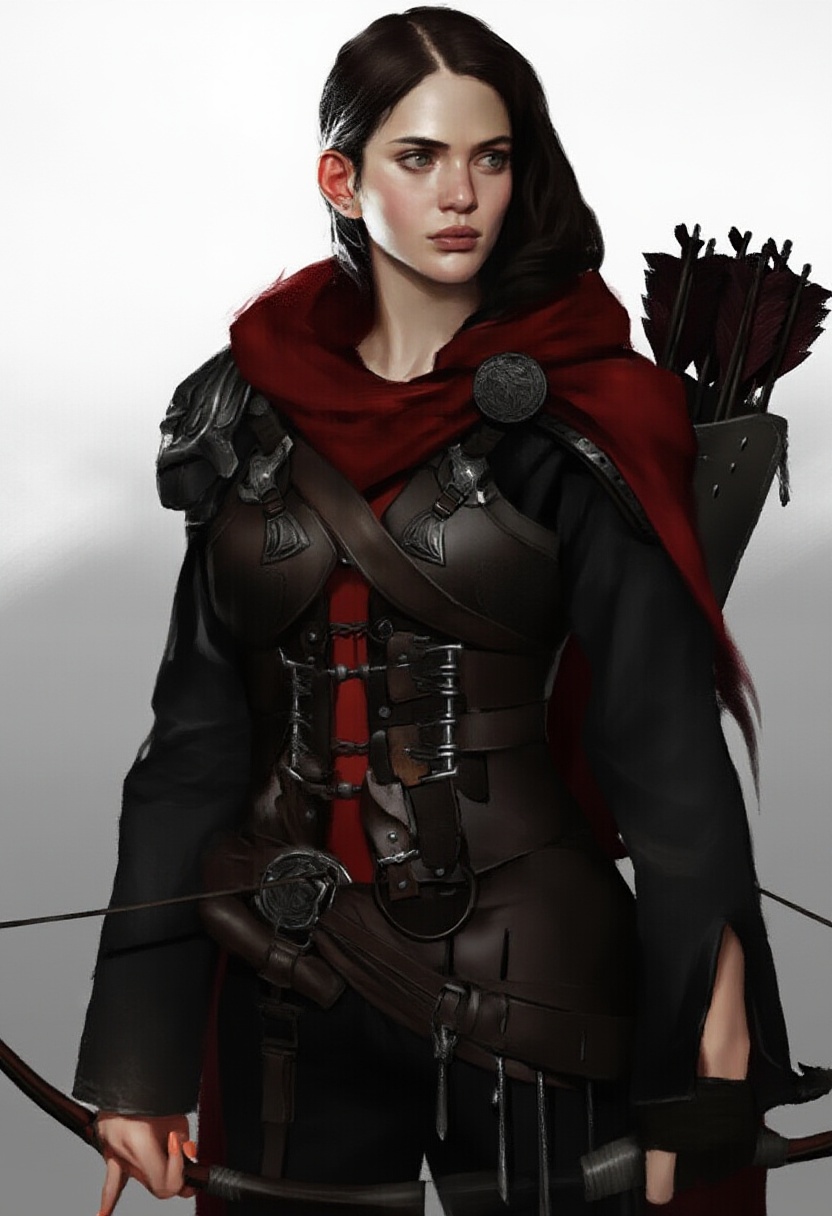 A digital artwork featuring a serious,  pale-skinned woman with dark hair,  dressed in medieval attire with a red cape and...