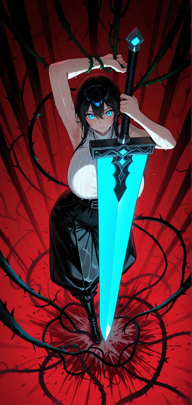 female anime character in black balloon trousers,  white top,  holding a gigantic sword on Tensor.Art