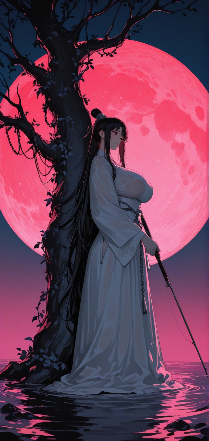 In the style of anime,  a cyberpunk warriorin front of a solid intense pink background,  huge boobs on Tensor.Art