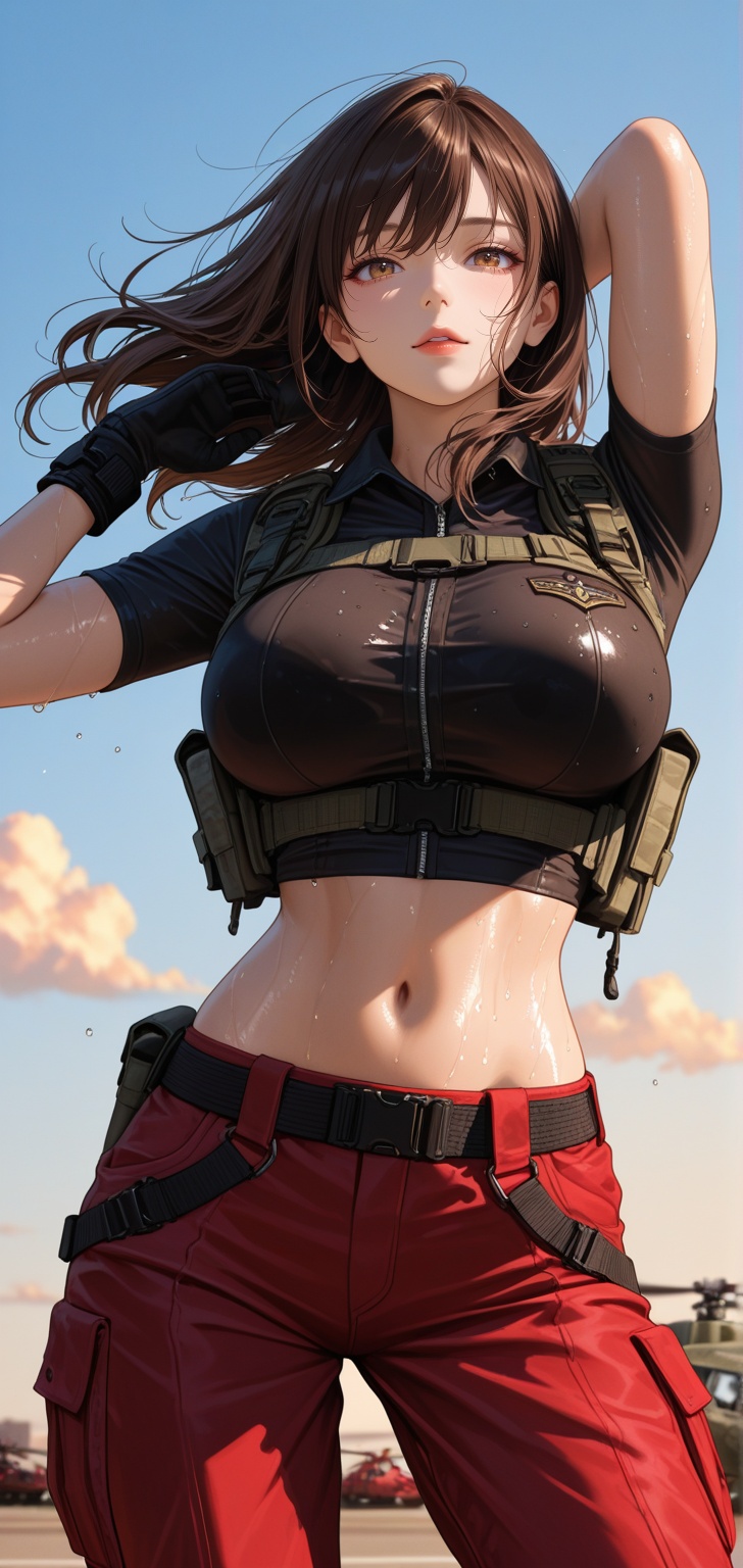 A beautiful,  attractive young woman portrayed as a confident,  sexy female helicopter/military pilot or aviator on Tensor...