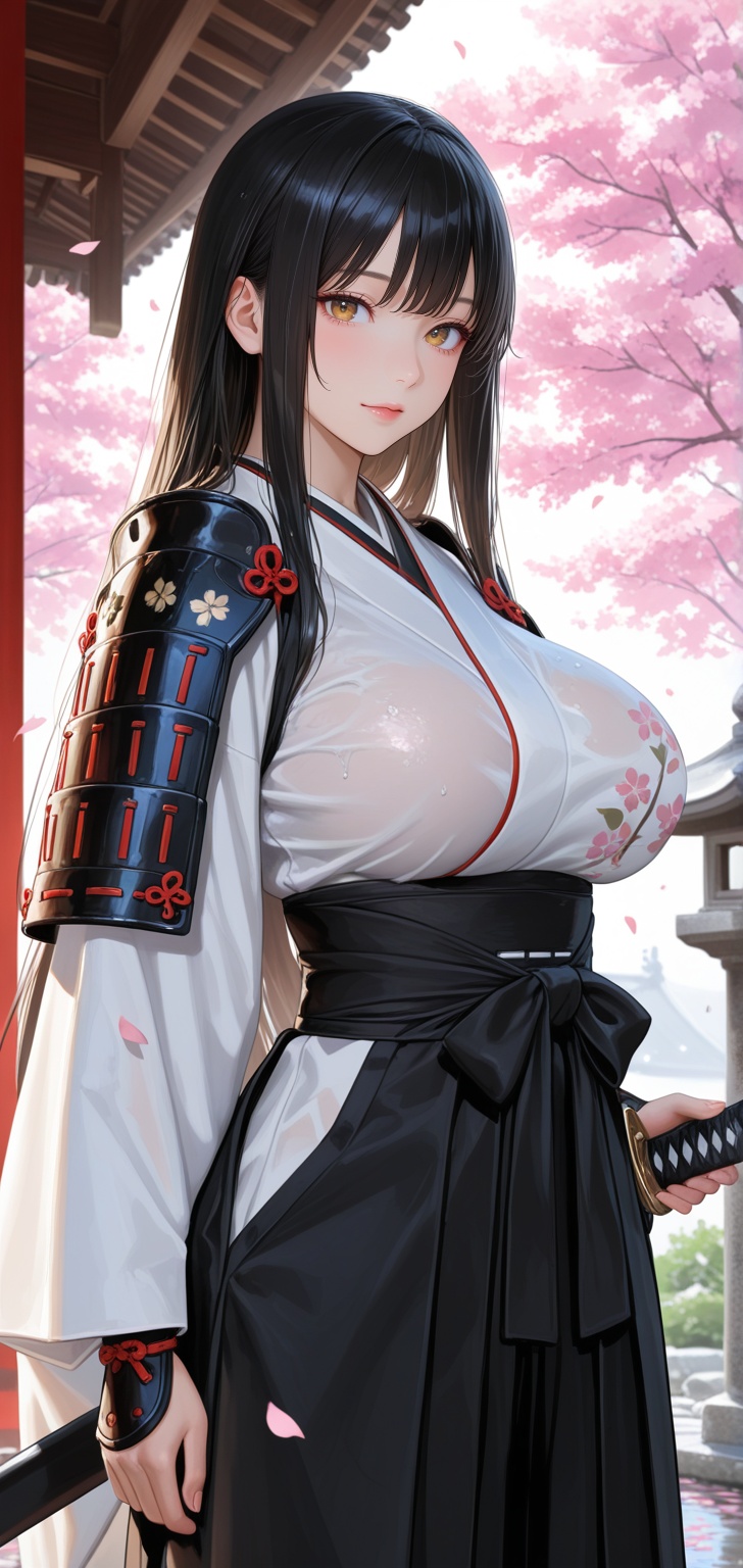 (8k detail),  an elegant and strikingly beautiful female samurai stands with poised confidence beneath soft drifting moonl...