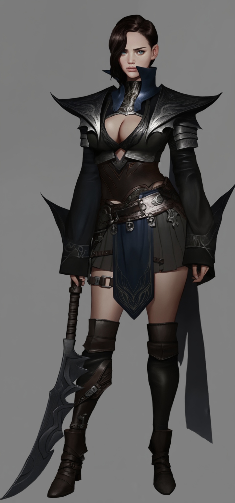 A stunning digital illustration of a fantasy warrior woman with a stern expression. She has pale skin,  dark hair,  and pi...