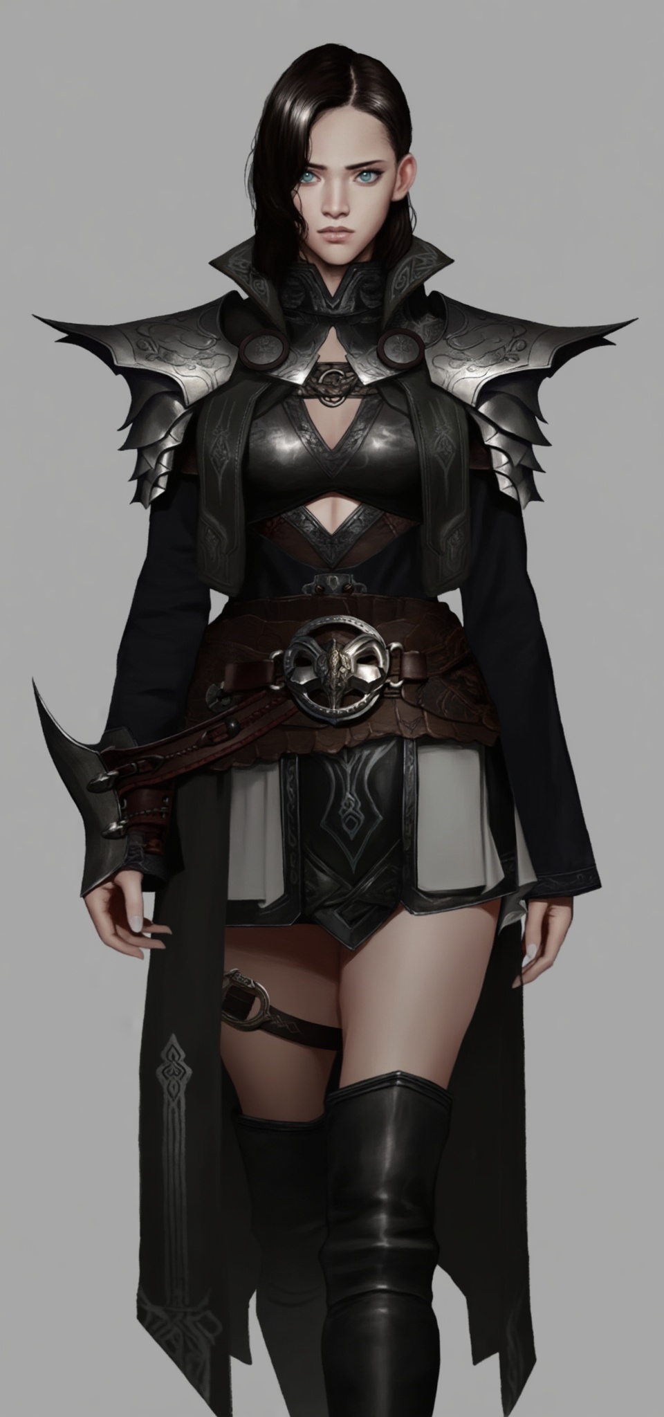 A stunning digital illustration of a fantasy warrior woman with a stern expression. She has pale skin,  dark hair,  and pi...