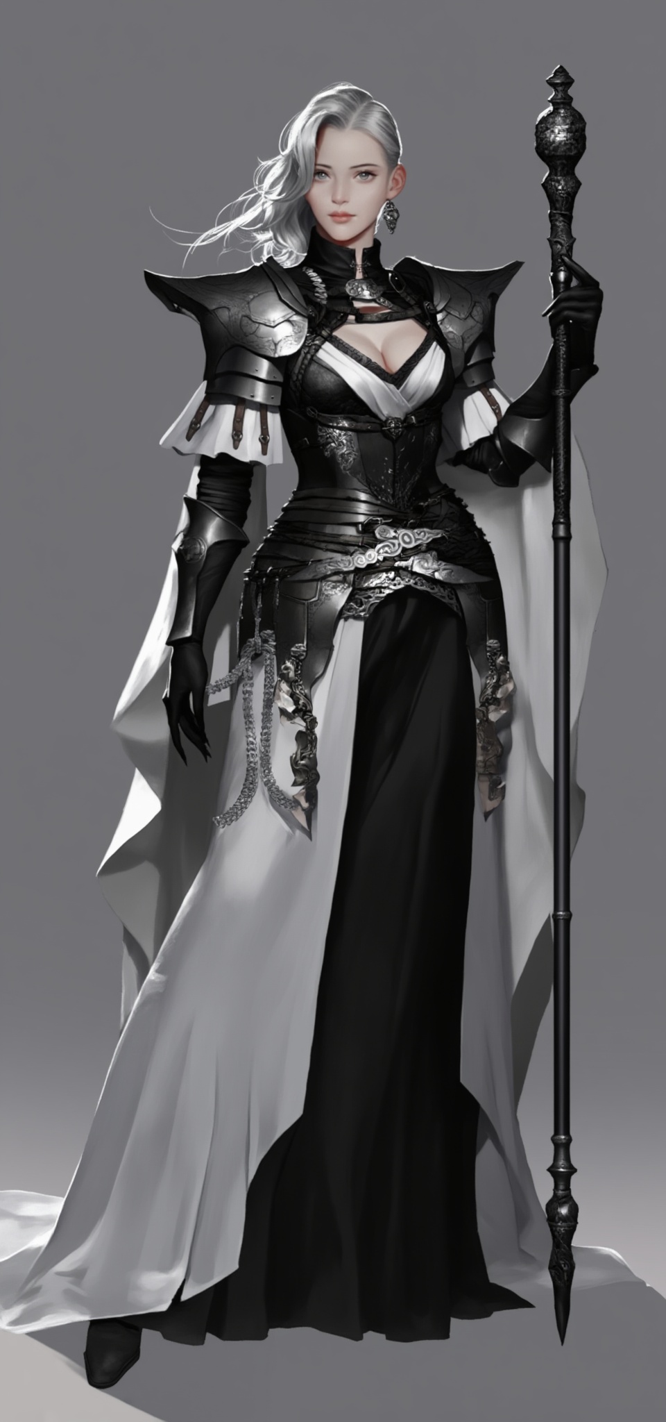 A digital illustration depicts a tall,  slender,  white-haired female mage in intricate black and silver armor with a flow...