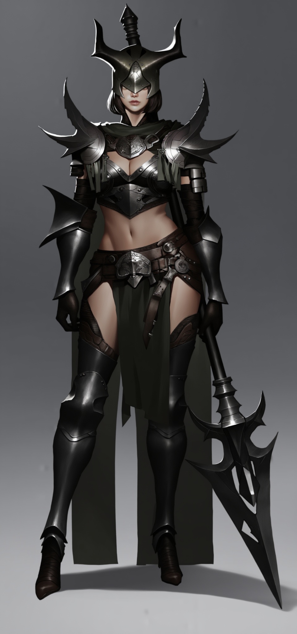 A digital illustration of a fantasy warrior woman in intricate,  dark metal armor,  wielding a spiked spear. She has pale...