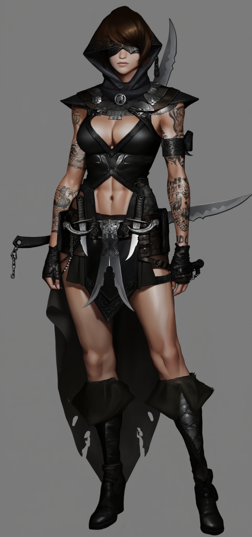 A digital illustration of a muscular,  tattooed woman with short brown hair,  wearing a black on Tensor.Art