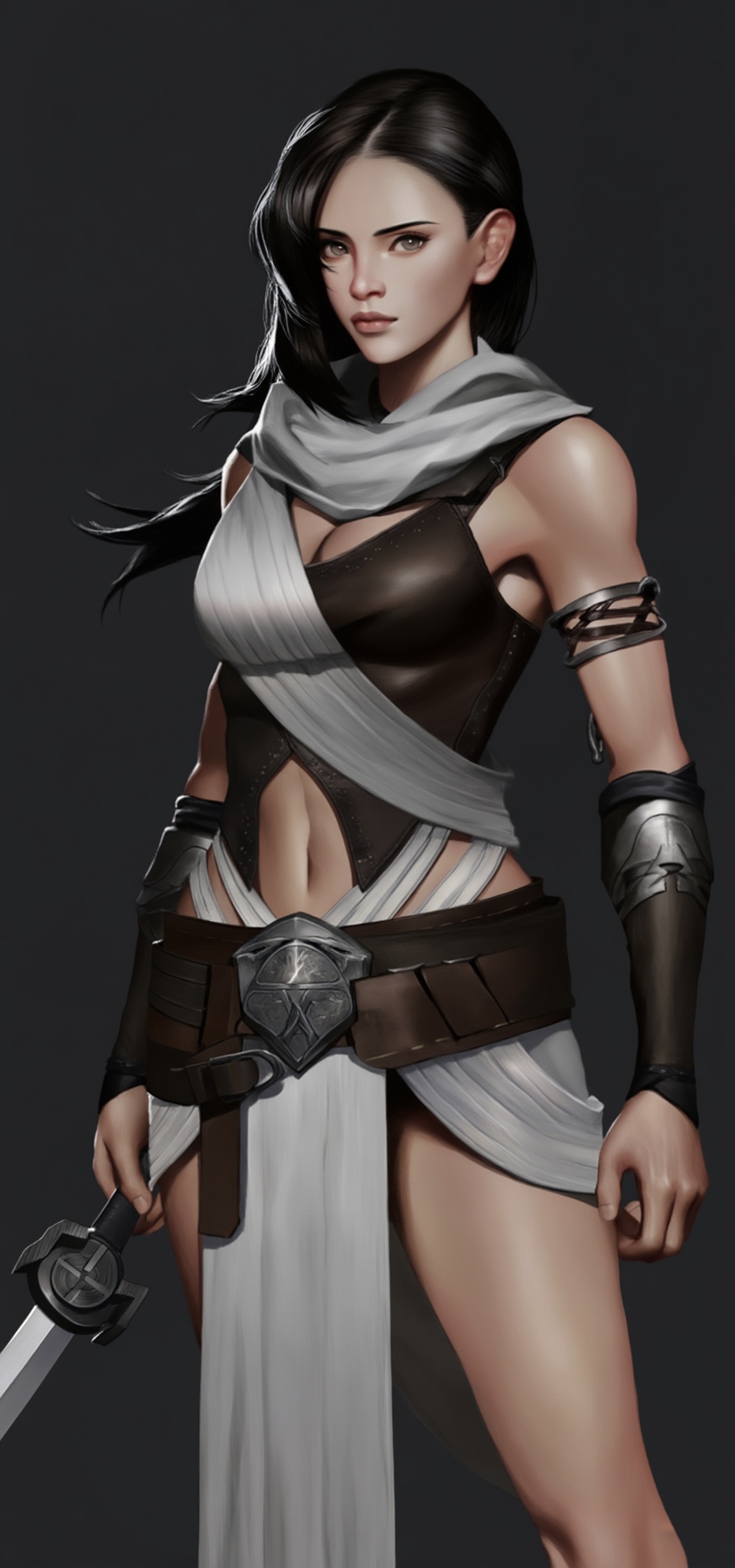A digital illustration of a confident,  athletic woman warrior with long,  dark hair on Tensor.Art