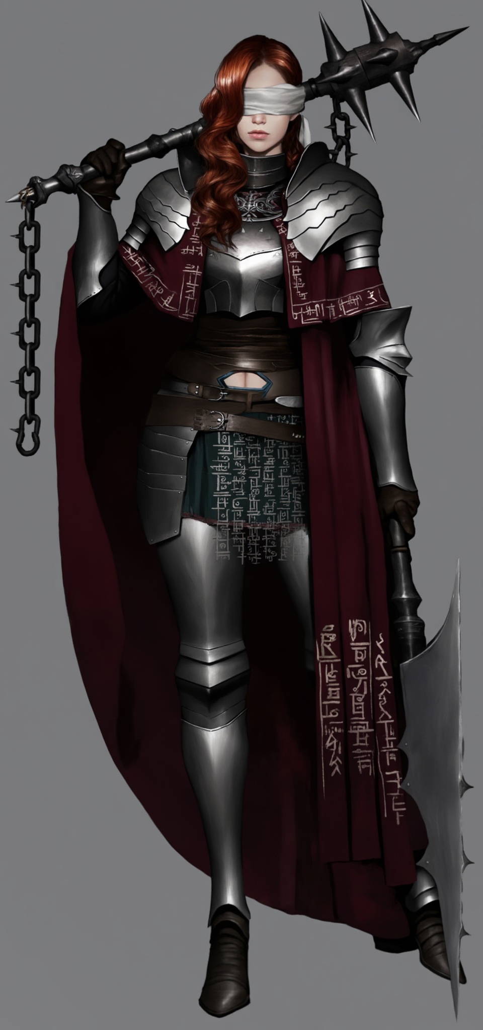 This digital artwork depicts a female warrior in a medieval fantasy setting. She stands confidently,  holding a large spik...