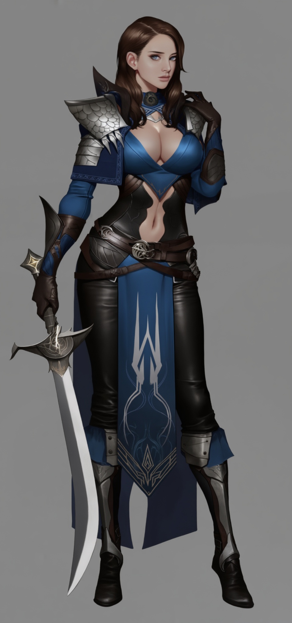 A detailed digital illustration of a young woman with long brown hair,  dressed in fantasy armor with a revealing design....
