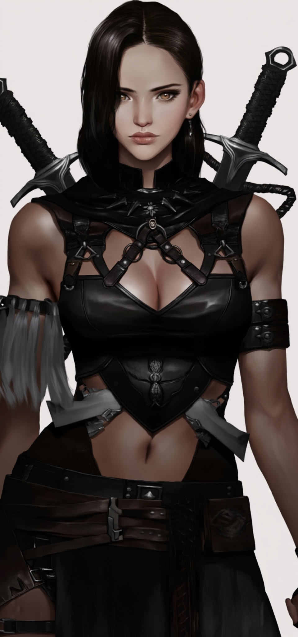 Digital art of a muscular,  dark-haired woman with a stern expression,  wearing a black on Tensor.Art
