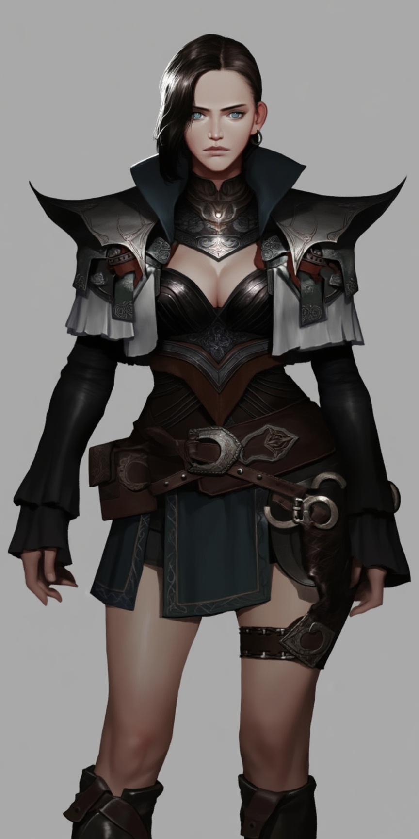 A stunning digital illustration of a fantasy warrior woman with a stern expression. She has pale skin,  dark hair,  and pi...