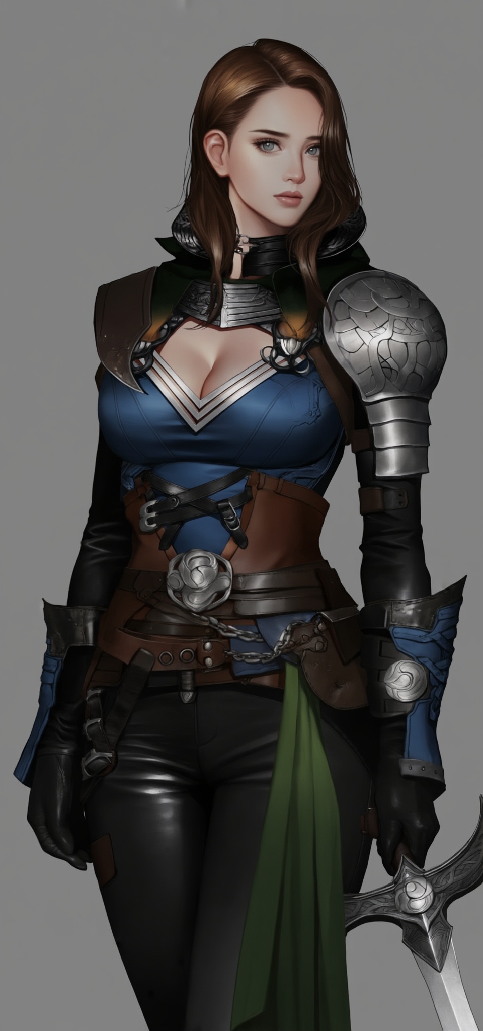 A detailed digital illustration of a young woman with long brown hair,  dressed in fantasy armor with a revealing design....