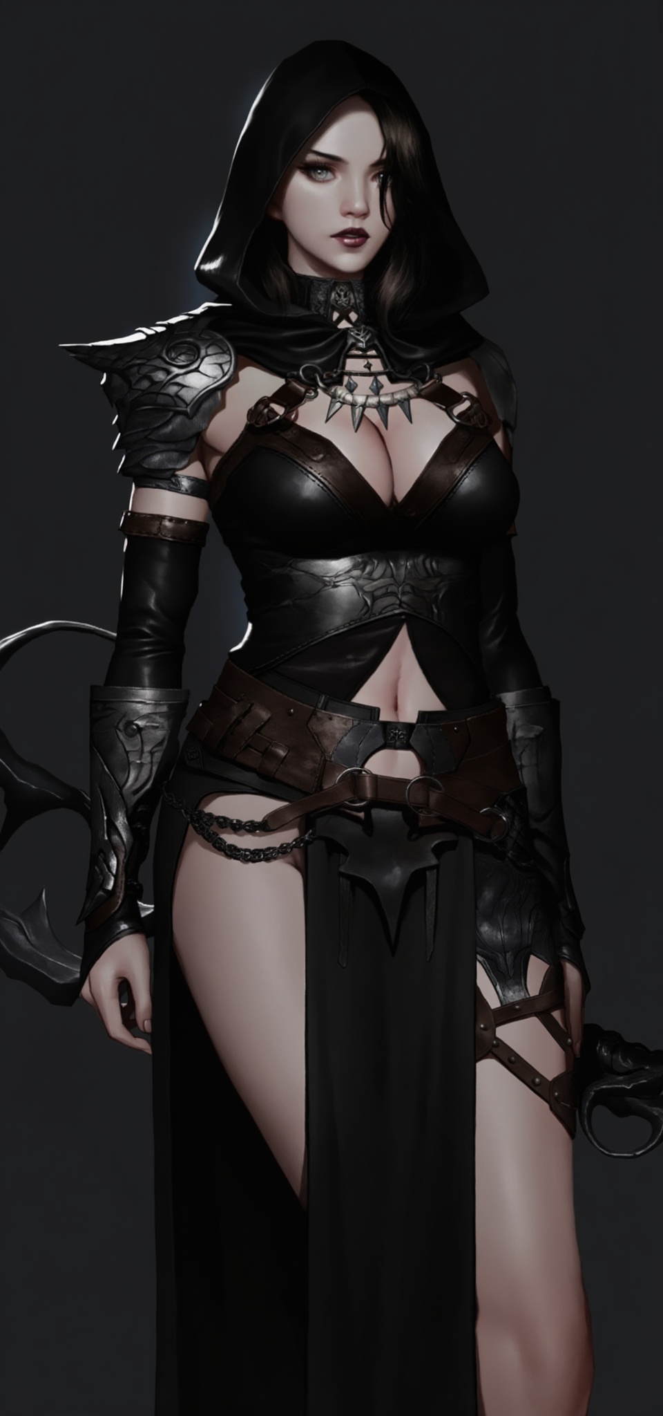 A dark,  fantasy-themed digital artwork features a voluptuous woman with pale skin and long,  dark hair. She wears a revea...