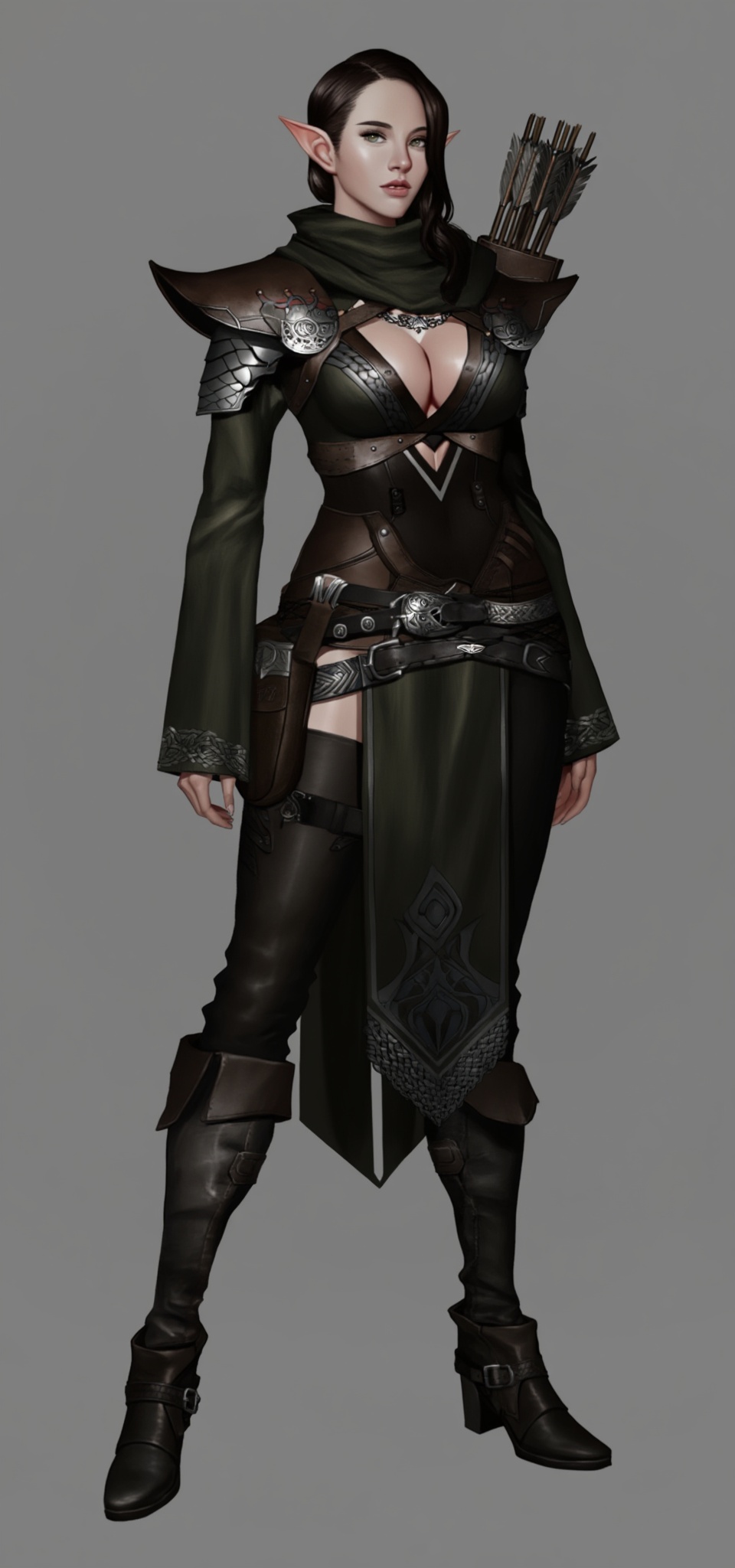 A digital illustration of a female elf archer,  standing against a plain gray background. She has pale skin,  pointed ears...