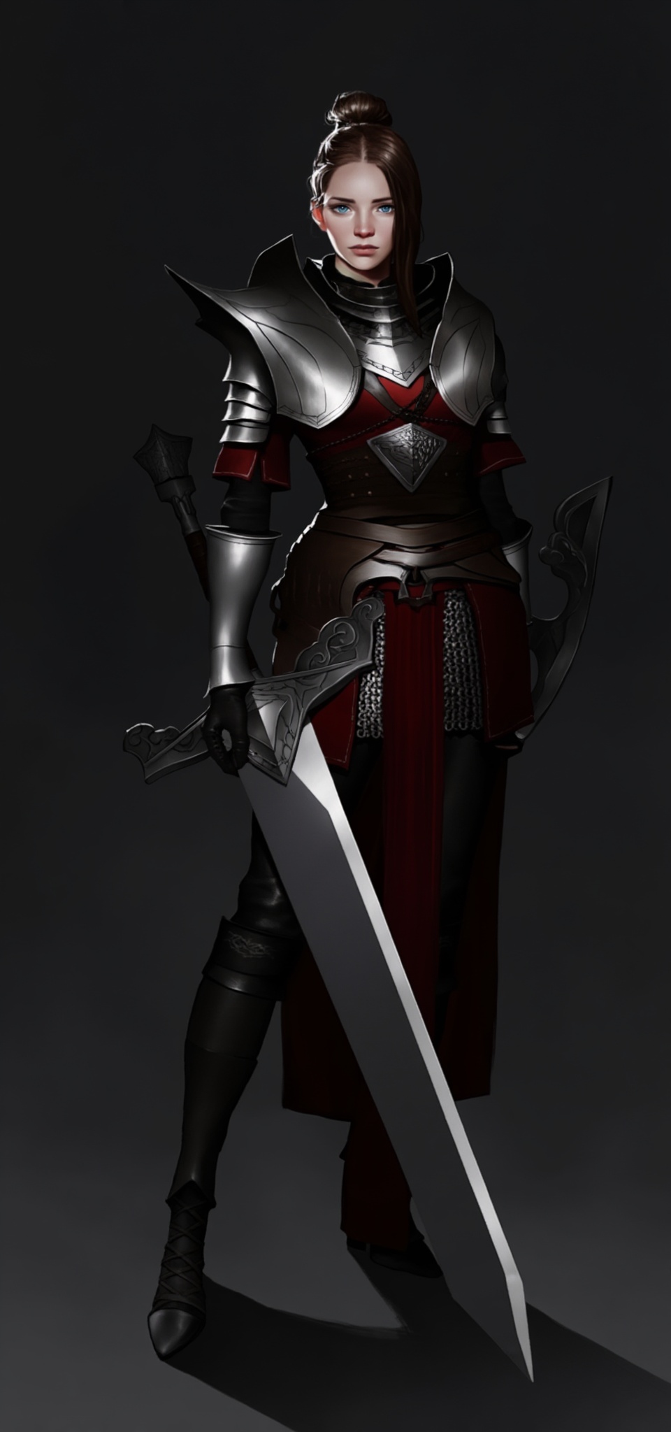 A digital painting of a stern,  blue-eyed woman in medieval armor,  holding a large sword. She has fair skin and long on T...