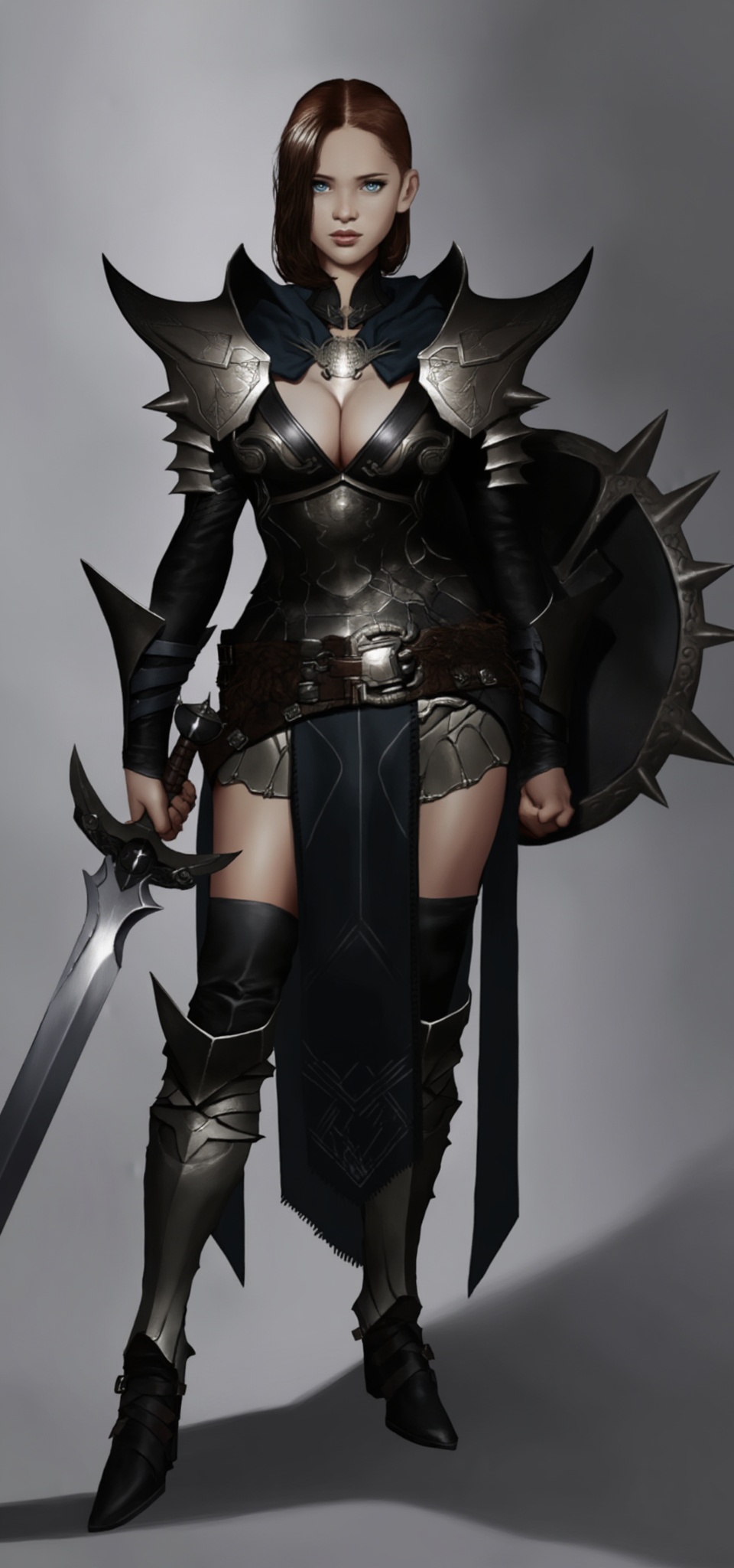 A highly detailed digital artwork depicts a fierce,  armored female warrior with a slender physique and medium-sized breas...
