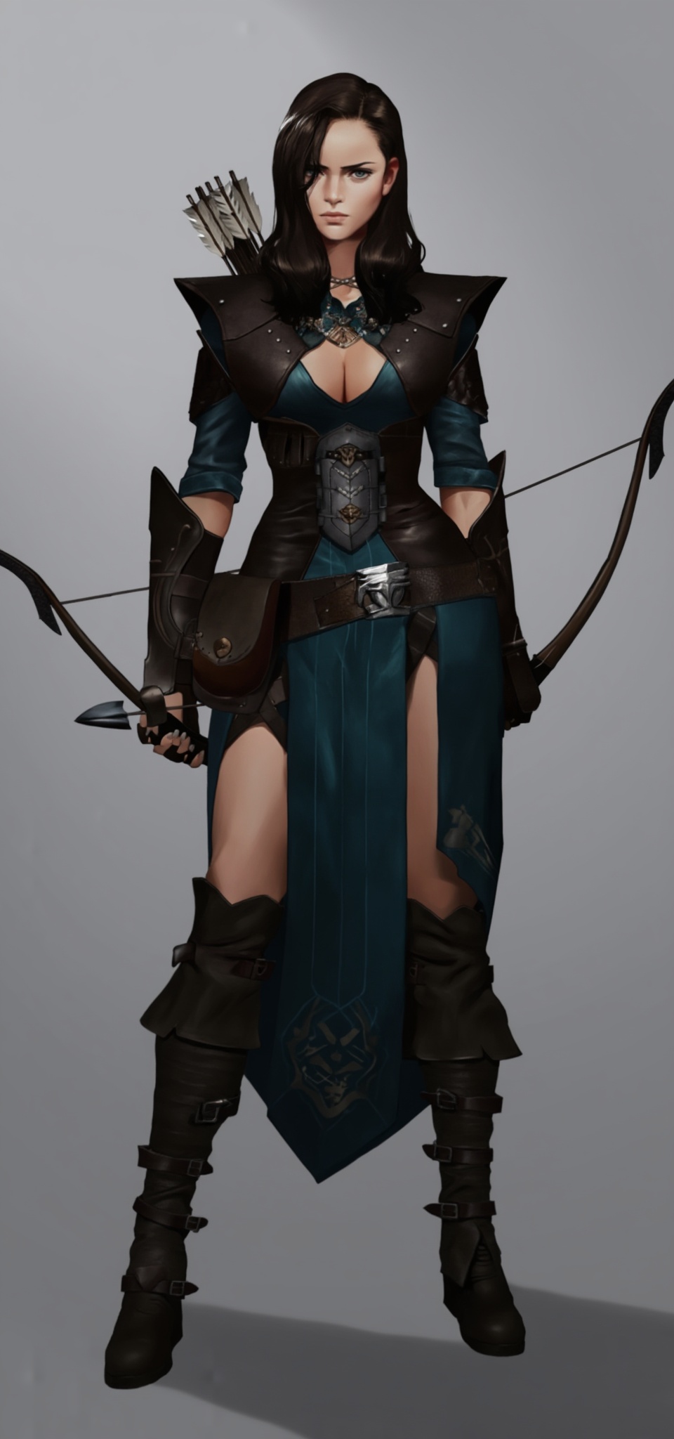 A digital illustration of a stern-looking woman with long,  dark hair,  dressed in medieval fantasy attire. She wears a da...
