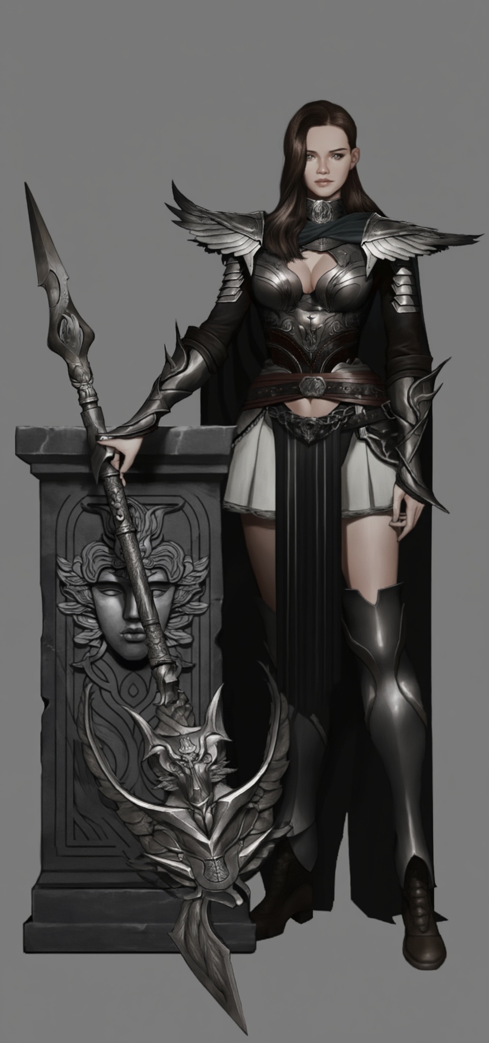 This is a digital illustration of a fantasy warrior woman standing against a grey background. She has a fair complexion,...