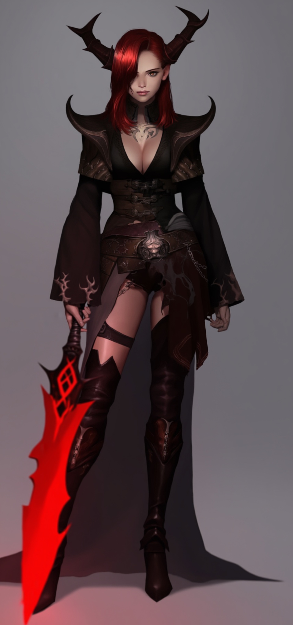 A digital illustration of a female demon warrior with long red hair,  horns,  and a dark on Tensor.Art
