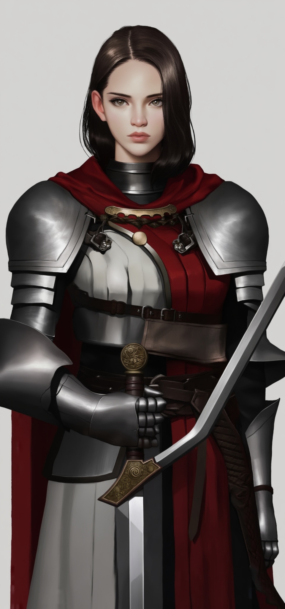 A detailed digital art of a female knight in medieval armor,  holding a sword. She wears silver plate armor,  a red and wh...