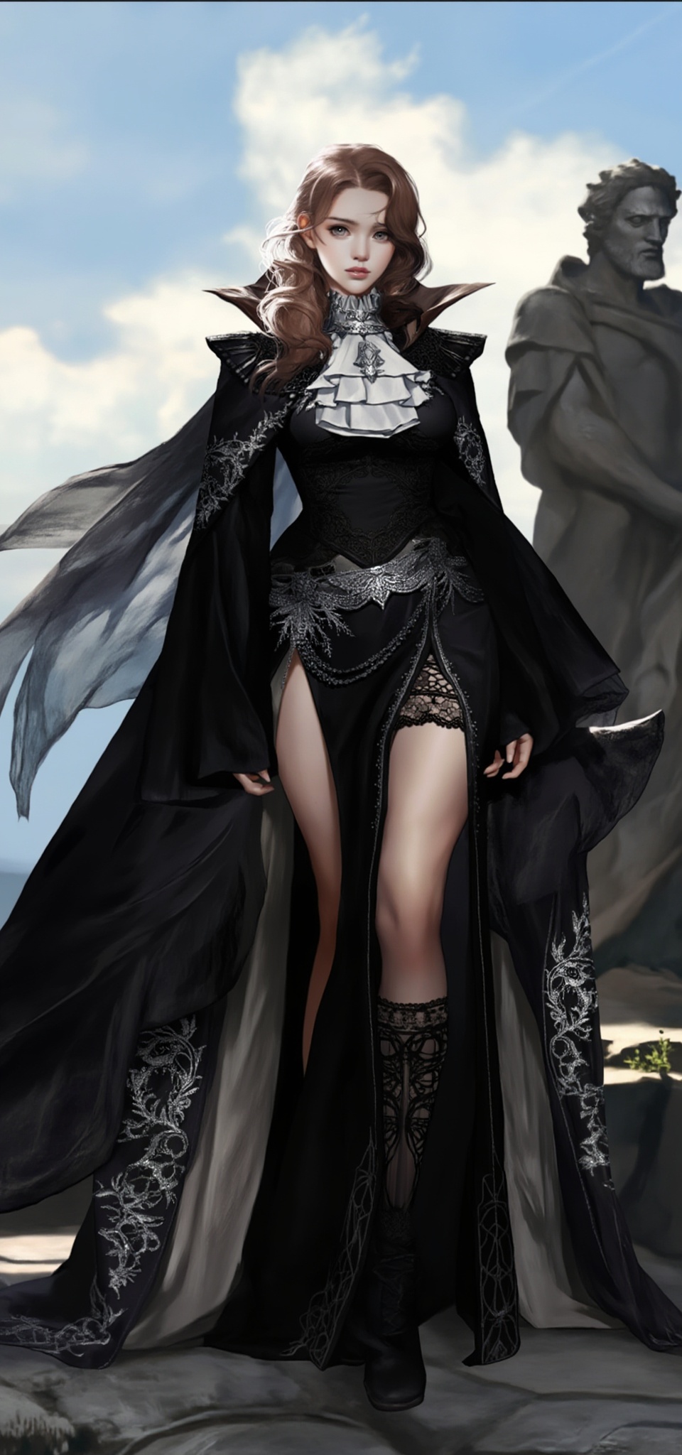 This is a highly detailed digital artwork featuring a striking female character with an ethereal presence. She stands conf...