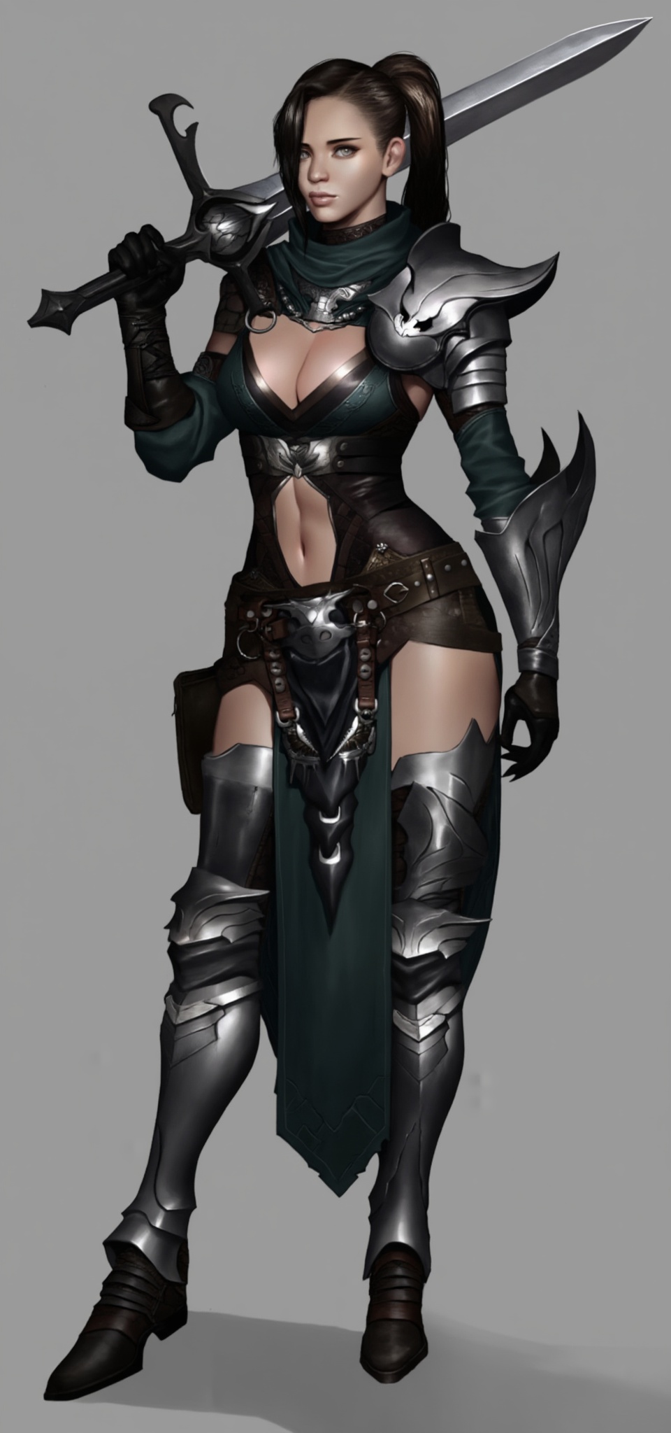 This is a digital drawing of a female warrior in medieval fantasy armor. She stands confidently against a plain grey backg...